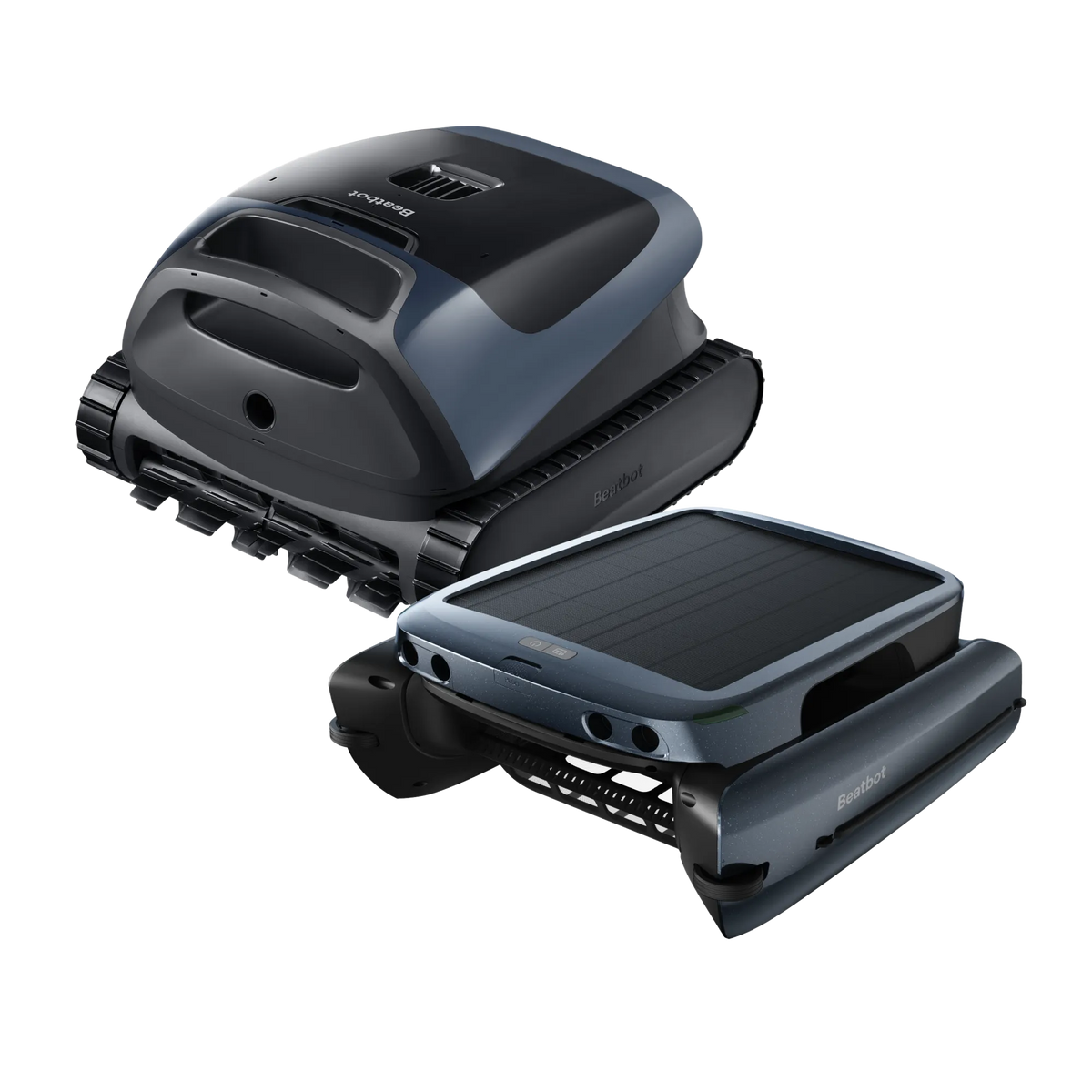 Beatbot iSkim solar skimmer beside a Sora 30 pool cleaner, front view