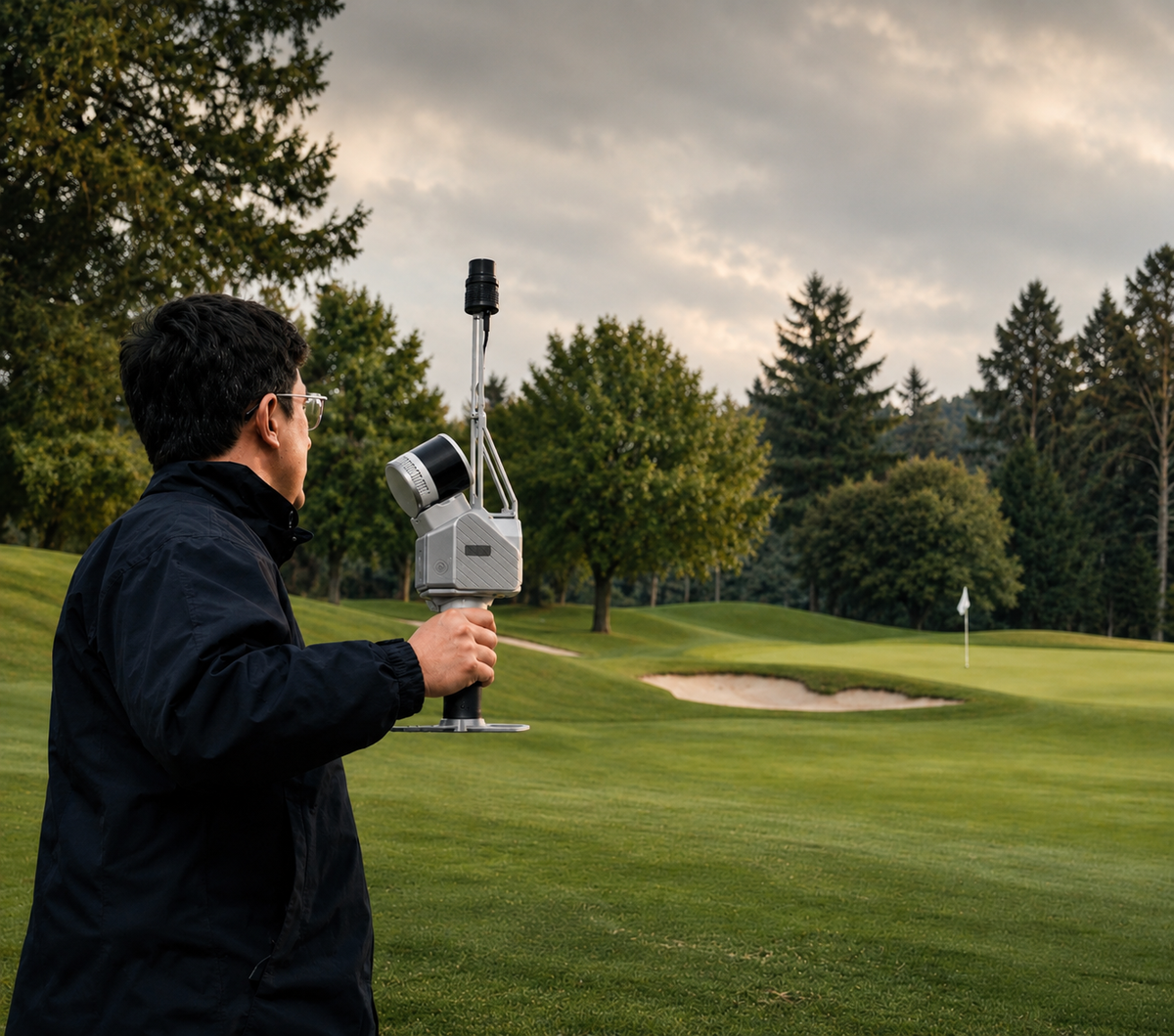 Course manager scanning a golf hole with the FJD Trion S2 Max for GolfMind