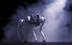 Unitree Go2 EDU quadruped robot dog standing in spotlit fog