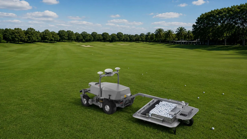 FJD Rough Ranger with BP02 ball picker kit collecting golf balls on a driving range