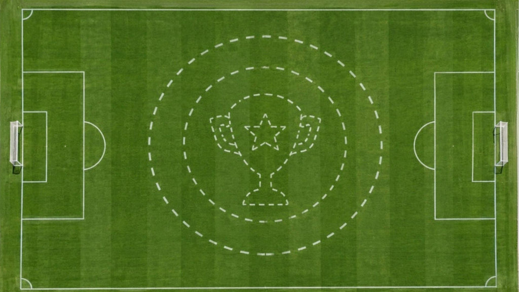 Soccer field with a trophy logo painted at center