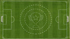 Soccer field with a trophy logo painted at center