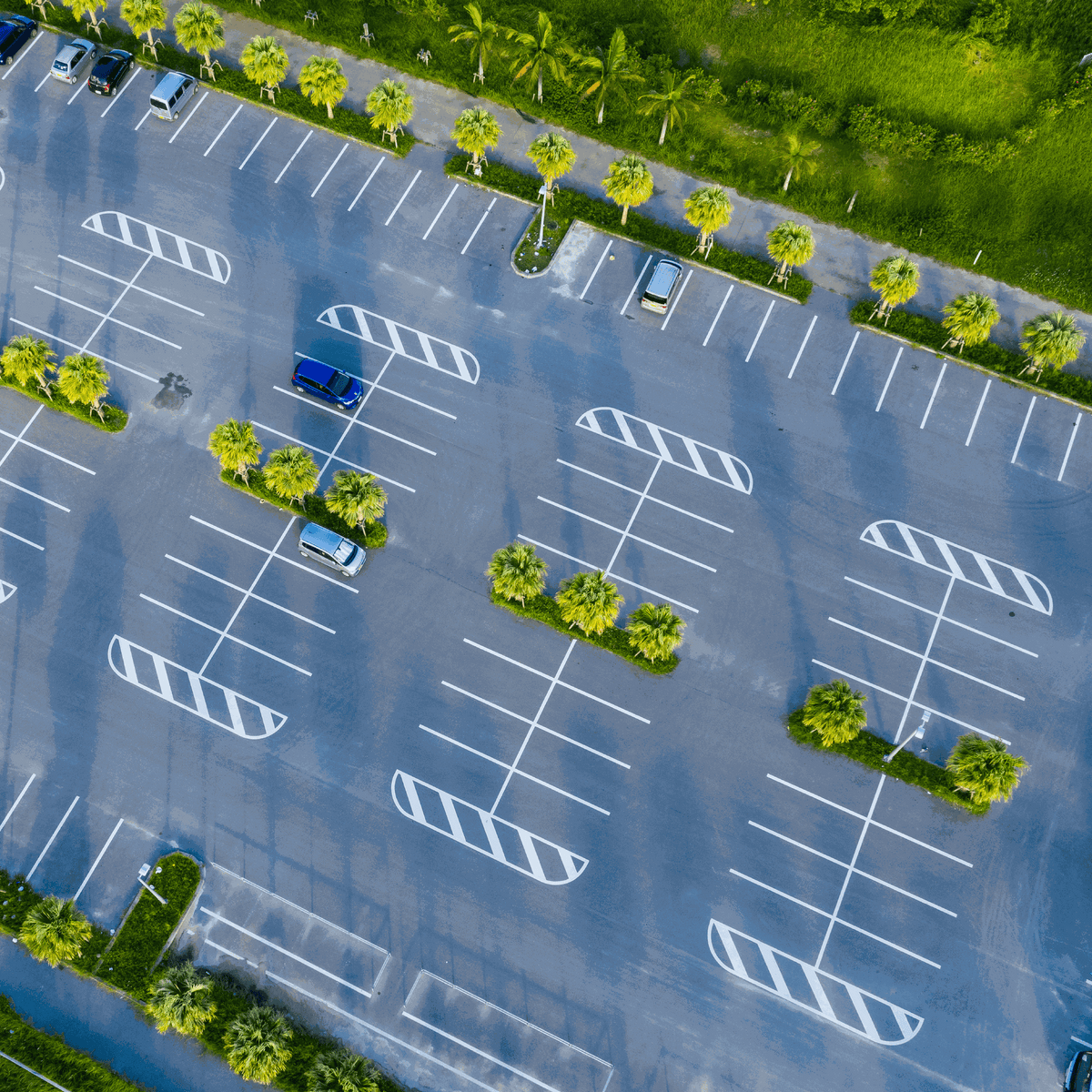 Aerial view of a striped parking lot