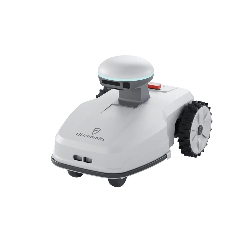 FJD FR4000 robotic lawn mower, white body with RTK antenna dome, front three-quarter view