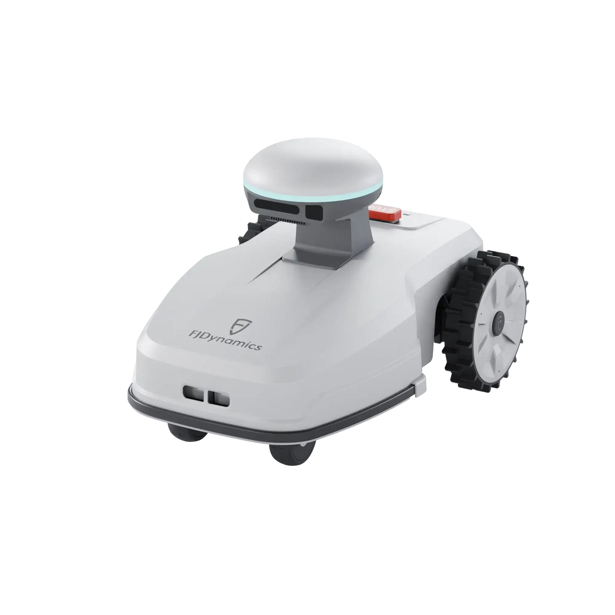 FJD FR4000 robotic lawn mower, white body with RTK antenna dome, front three-quarter view