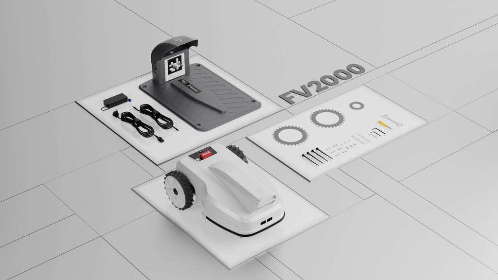 FJD FV2000 box contents: mower, charging station, adapter and hardware