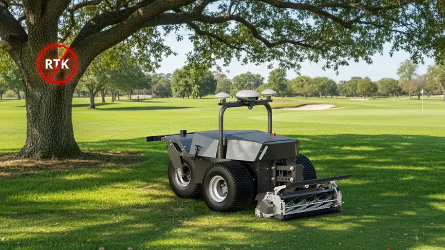 FJD RCM01 mowing under a tree where RTK signal is blocked
