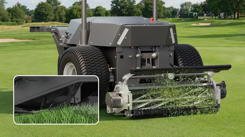 FJD RCM01 reel cutting unit cutting fairway grass, close-up
