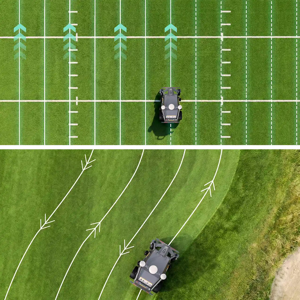 FJD RM21 straight and curved mowing path patterns, aerial view