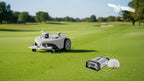 FJD Titan robotic mower with FJD RTK base station on a golf course