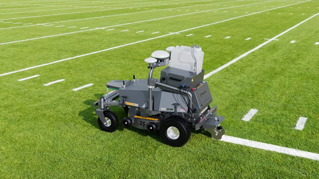 FJD RM21 robotic mower with LM01 line marker kit painting a field line