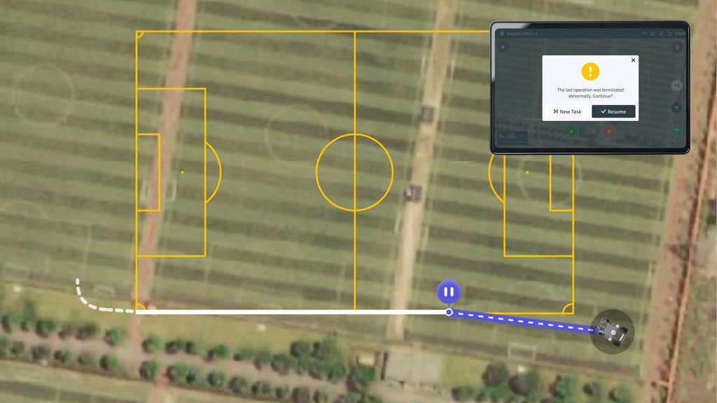Aerial field map with the line marking route and app prompt