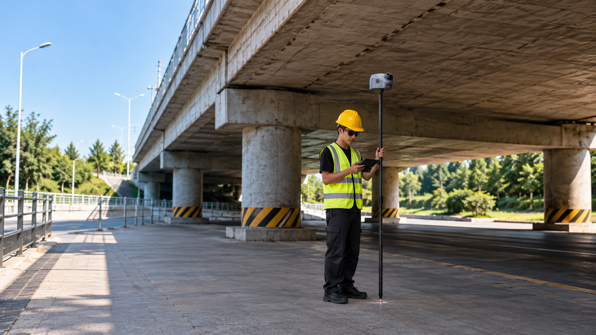 Surveyor using the FJD Trion V100F under a highway bridge