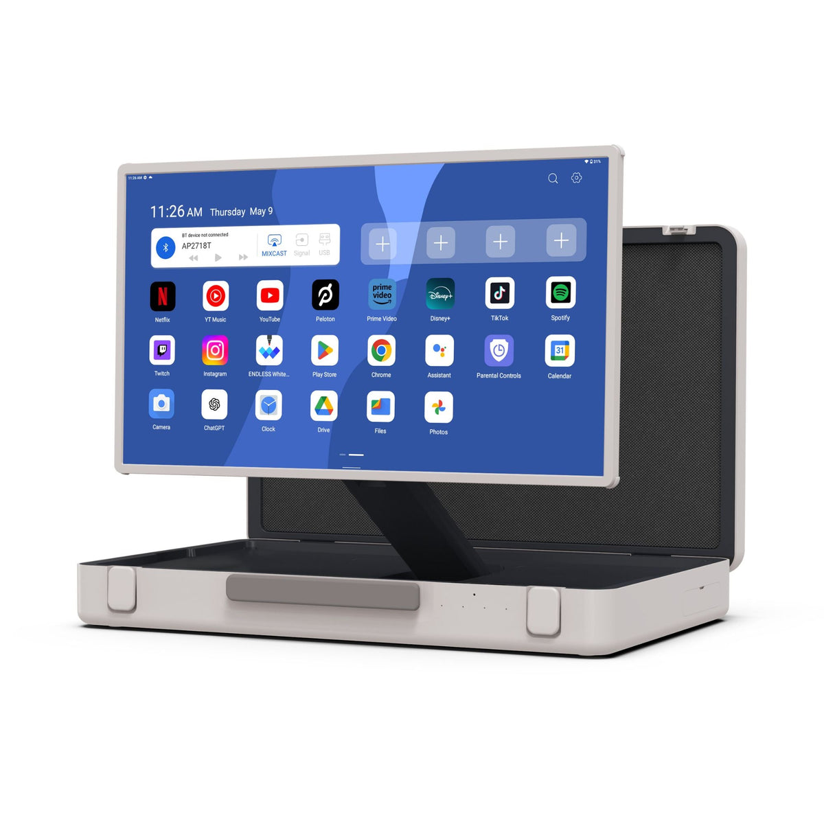 ELC AP2718T 27-inch mobile display suitcase open with touchscreen raised in landscape