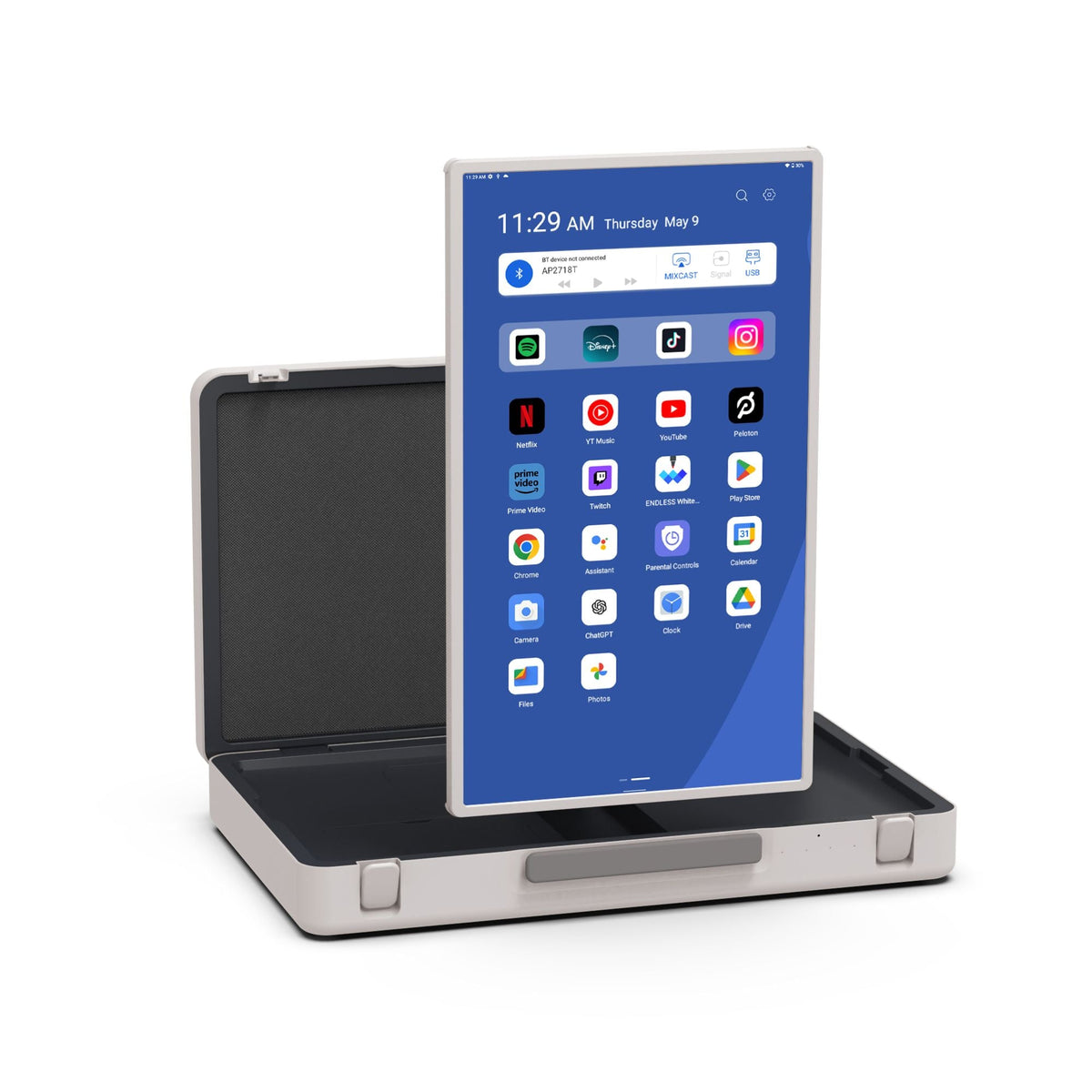 ELC AP2718T 27-inch touchscreen rotated to portrait above its carrying case