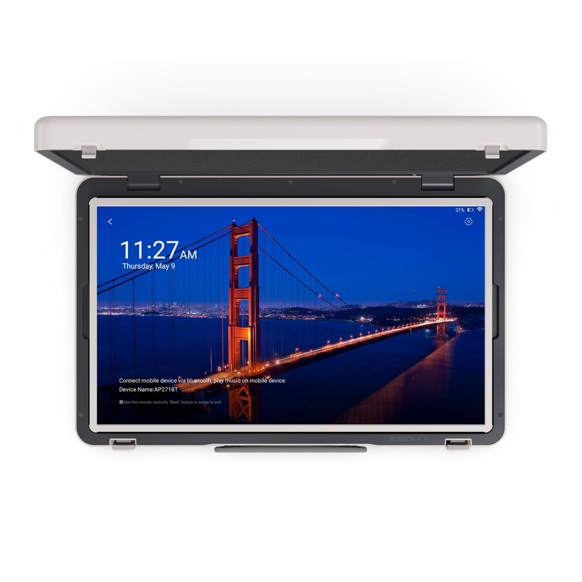ELC AP2718T 27-inch display viewed from above, screen in the lid of the open case