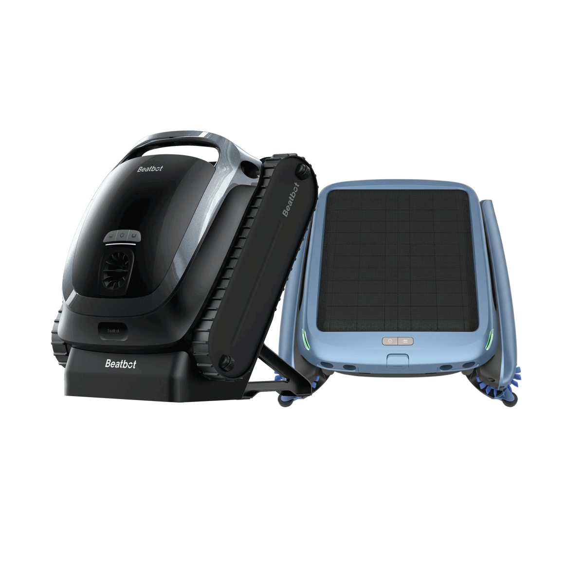 Beatbot AquaSense 2 on its charging dock shown with an iSkim solar skimmer