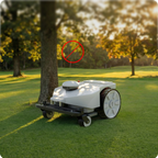 FJD FRX robotic mower working under a tree on a golf course