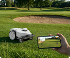 FJD FRX robotic mower beside a bunker with the FJD app on a phone