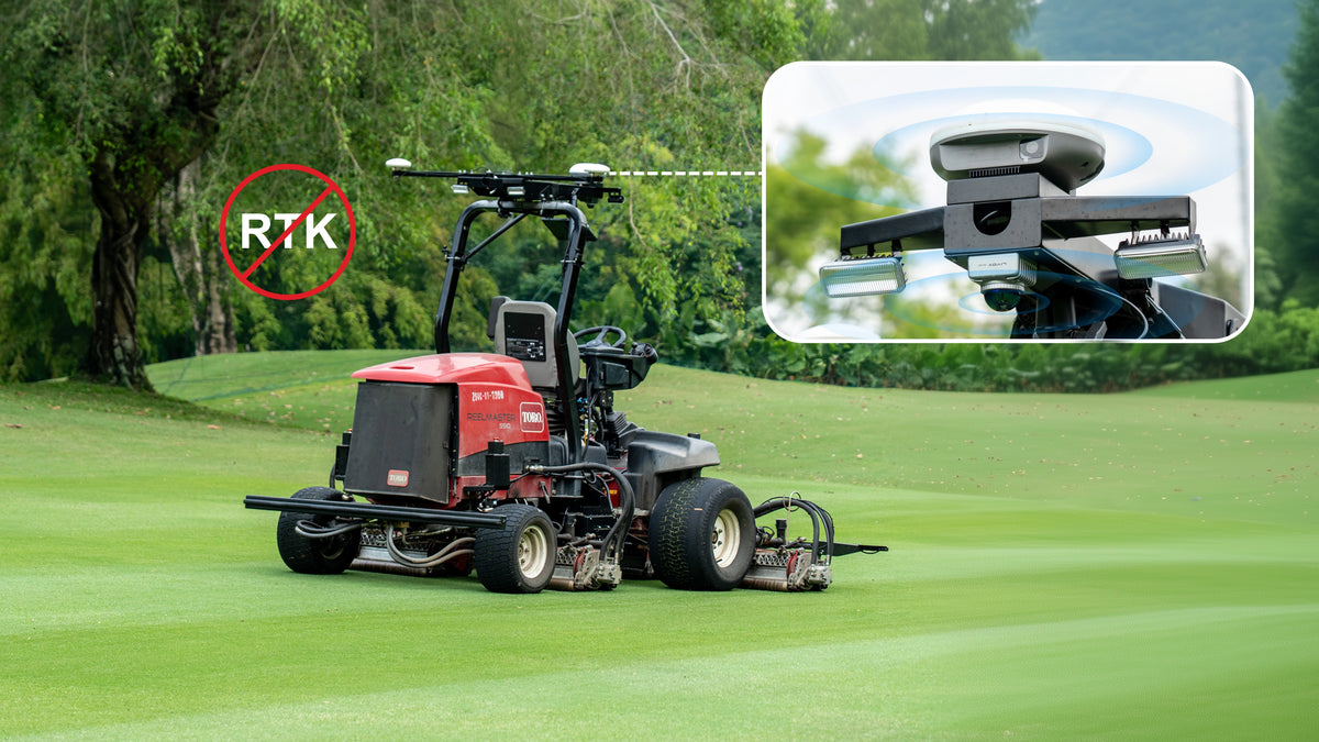 FJD ATX RTK and LiDAR fusion navigation module on a fairway mower under trees