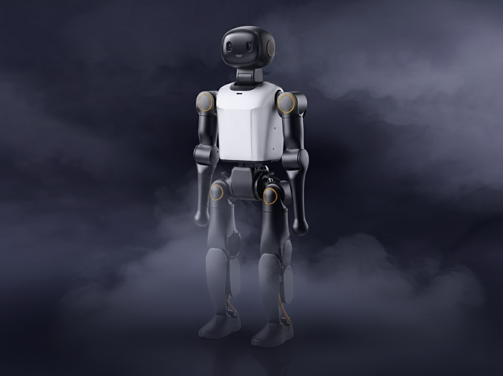 Booster K1 humanoid robot standing in fog, front three-quarter view. This image was created or modified with the use of AI.