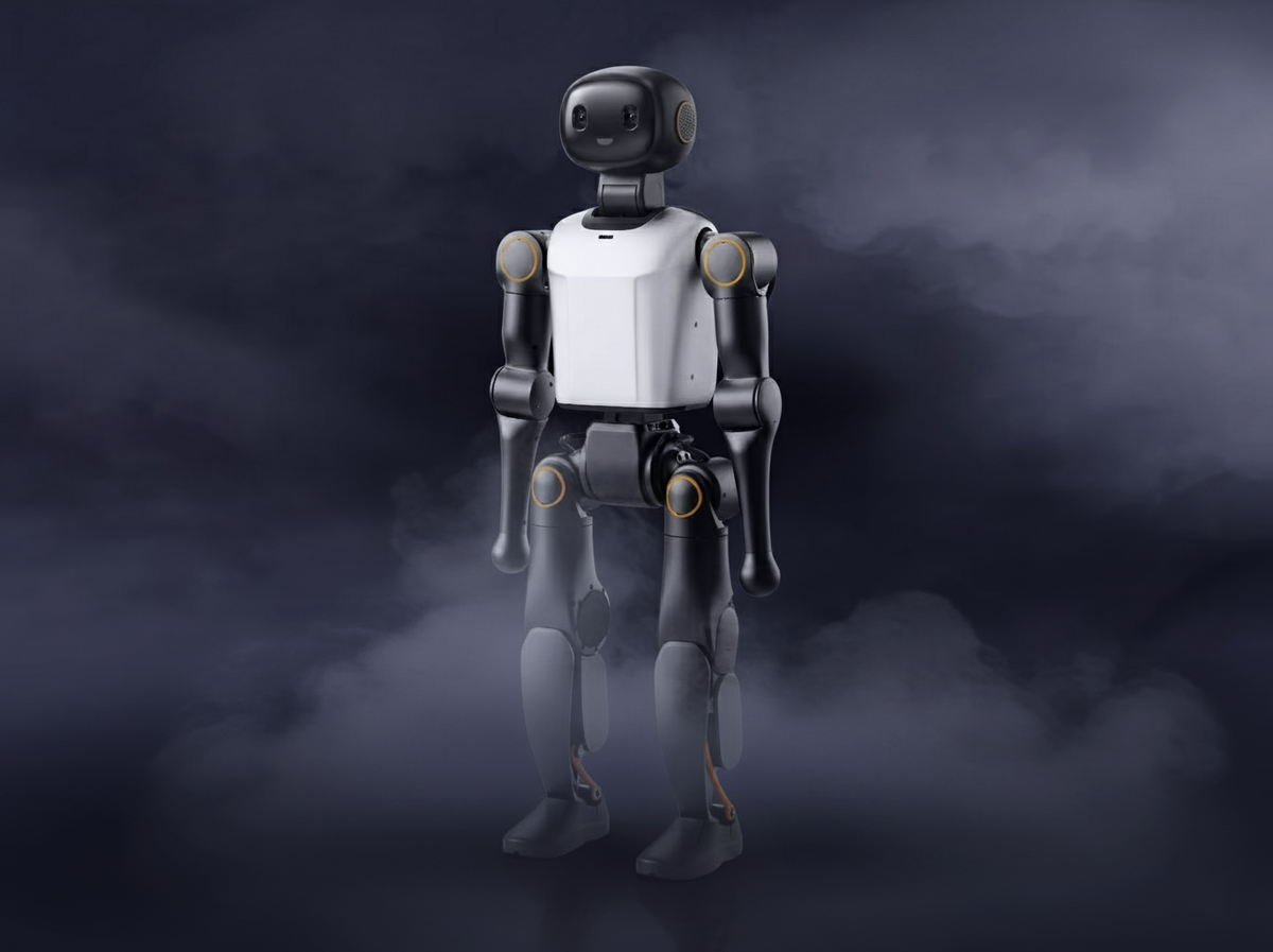 Booster K1 humanoid robot standing in fog, front three-quarter view. This image was created or modified with the use of AI.