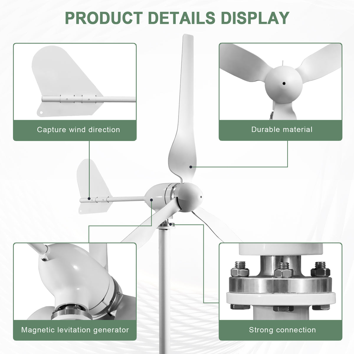 Smaraad SM3 turbine construction details: tail vane, rotor hub, magnetic generator and flange connection