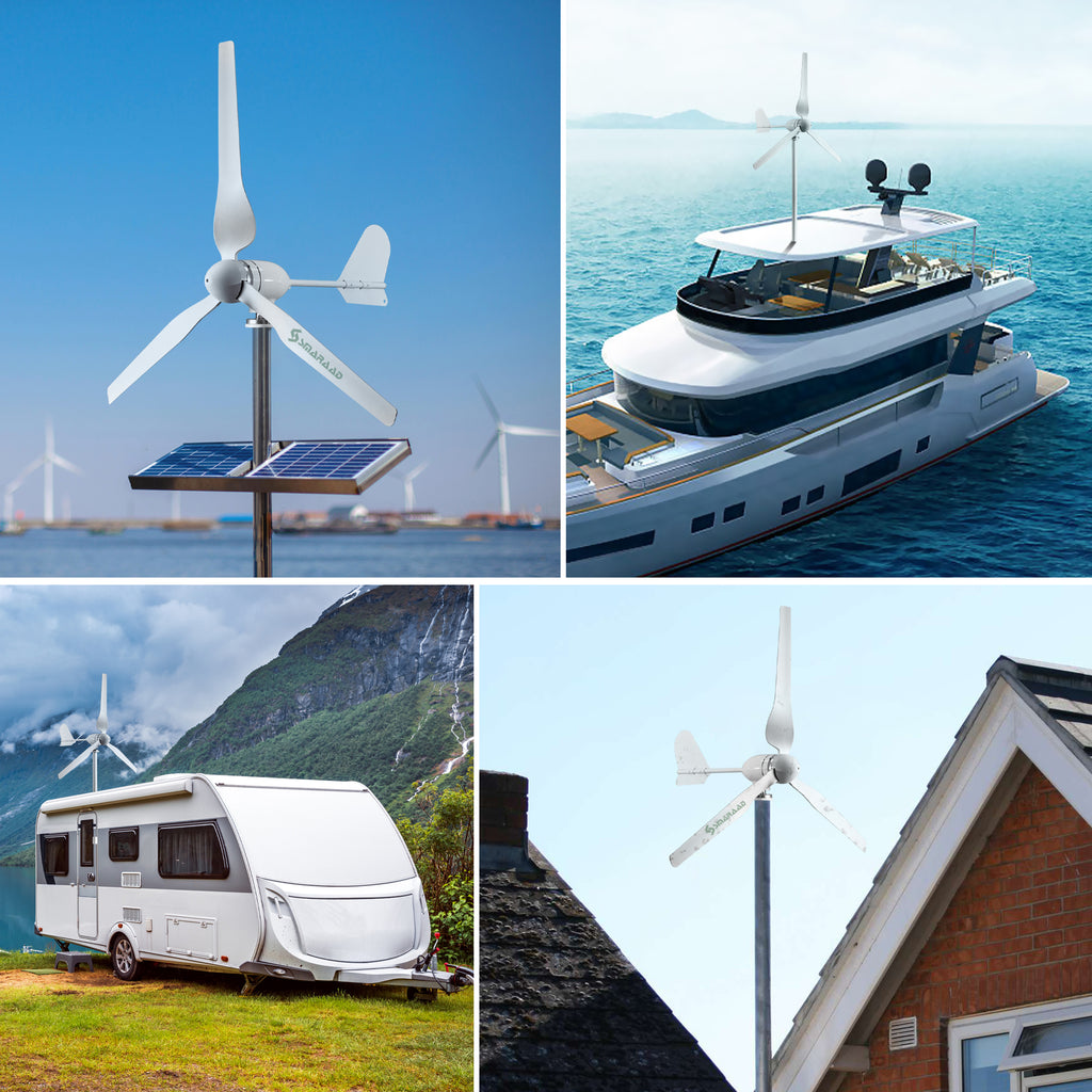 Smaraad SM3 horizontal wind turbine installed on a boat mast, a rooftop pole, and beside an RV