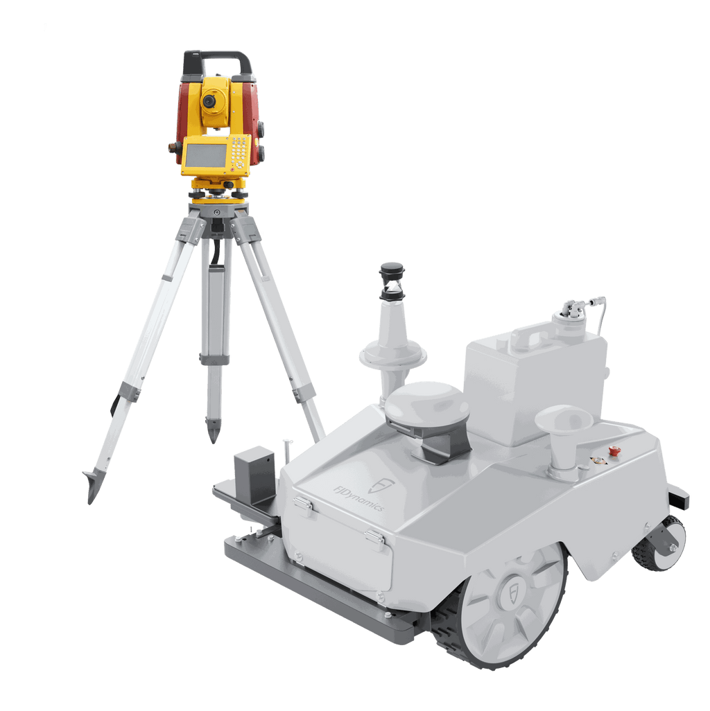 FJD PaintMaster Ultra robotic line marker with total station on tripod, studio view