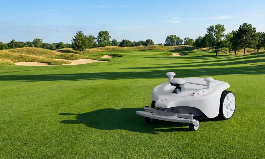 FJD Titan robotic mower on a golf course fairway