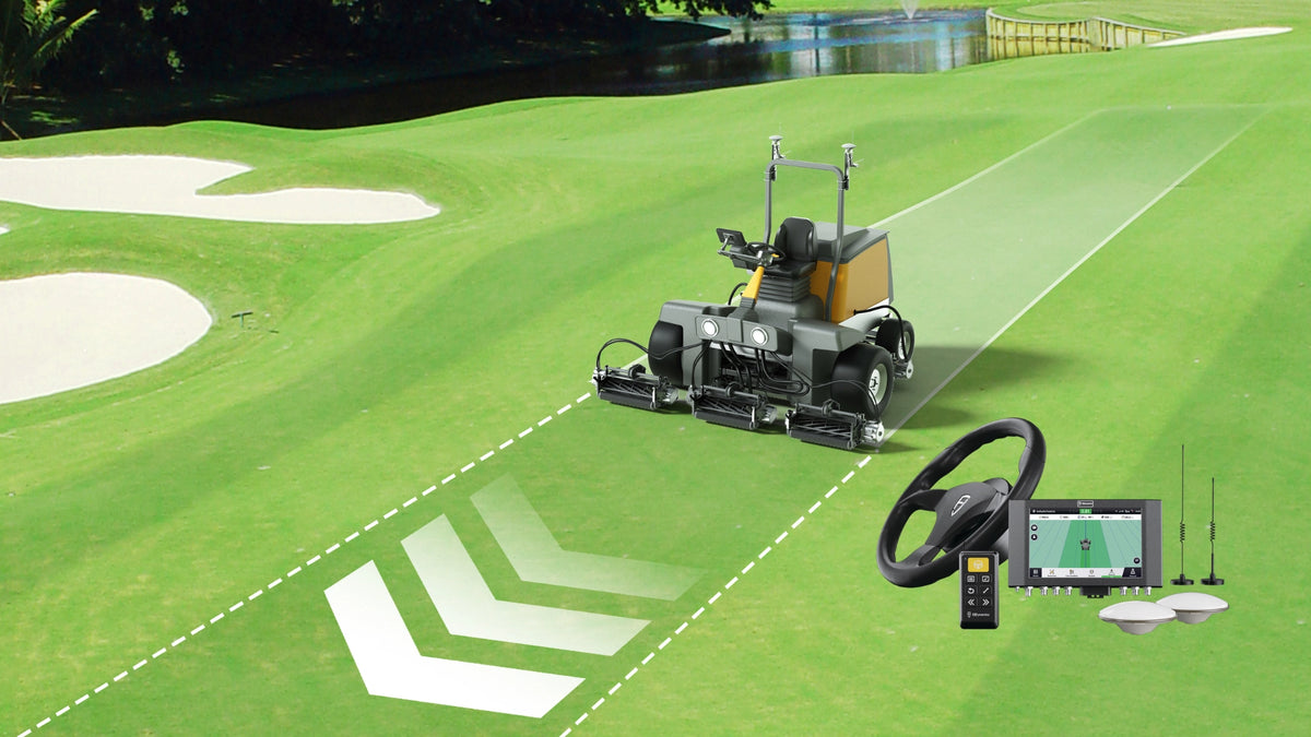 Ride-on reel mower with FJD MS100 auto-steering mowing a straight line on a golf fairway