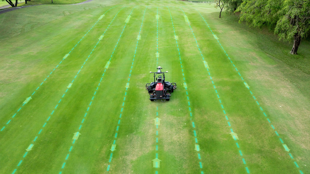 Fairway mower with FJD ATX following planned mowing routes, aerial view