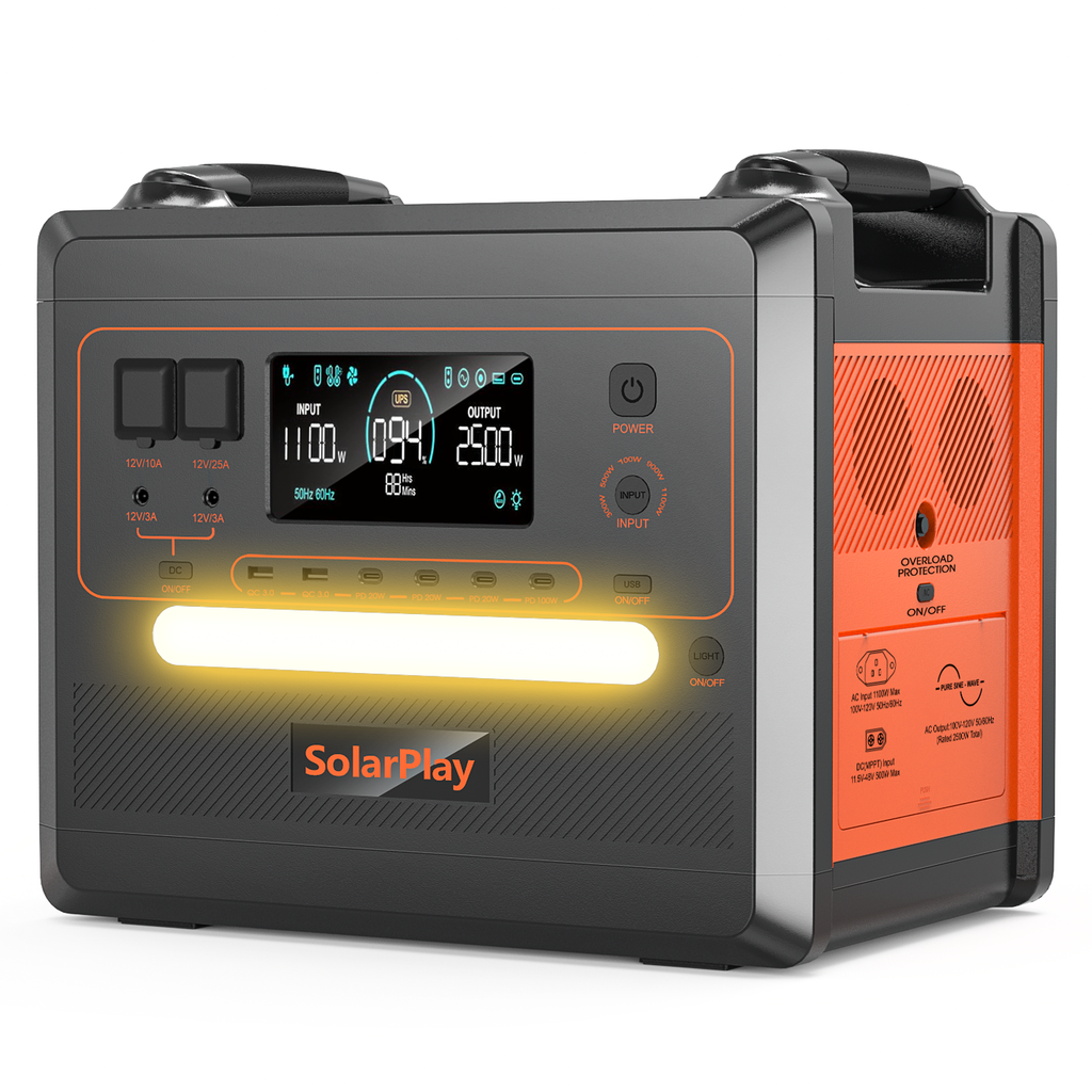 SolarPlay Q2402M portable power station, 2500W and 2304Wh, front view with LCD display and LED light bar
