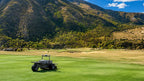 FJD RCM01 robotic cylinder mower on a mountain golf course