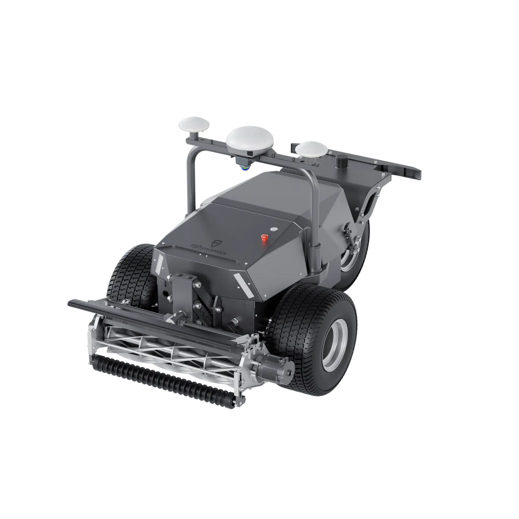 FJD RCM01 robotic cylinder mower with reel cutting unit, studio front three-quarter view