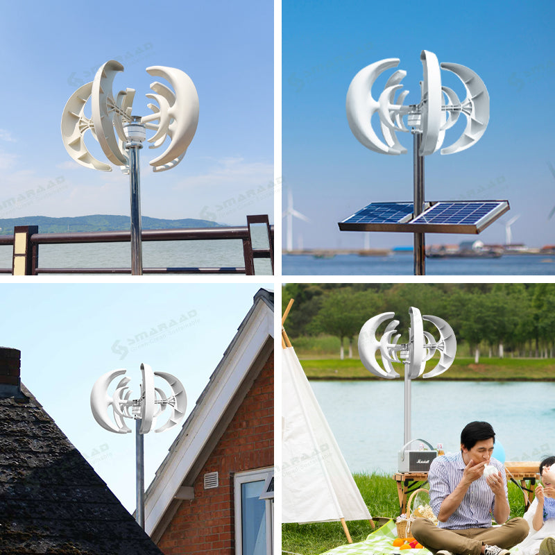 Smaraad SR-1000 lantern turbine installed beside a lake, on a rooftop and paired with a solar panel