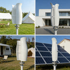 Smaraad ST Tulip wind turbines installed beside a tent, a house, an RV and a solar array