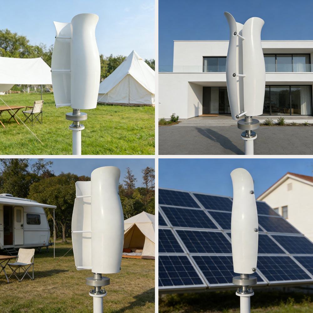 Smaraad ST Tulip wind turbines installed beside a tent, a house, an RV and a solar array