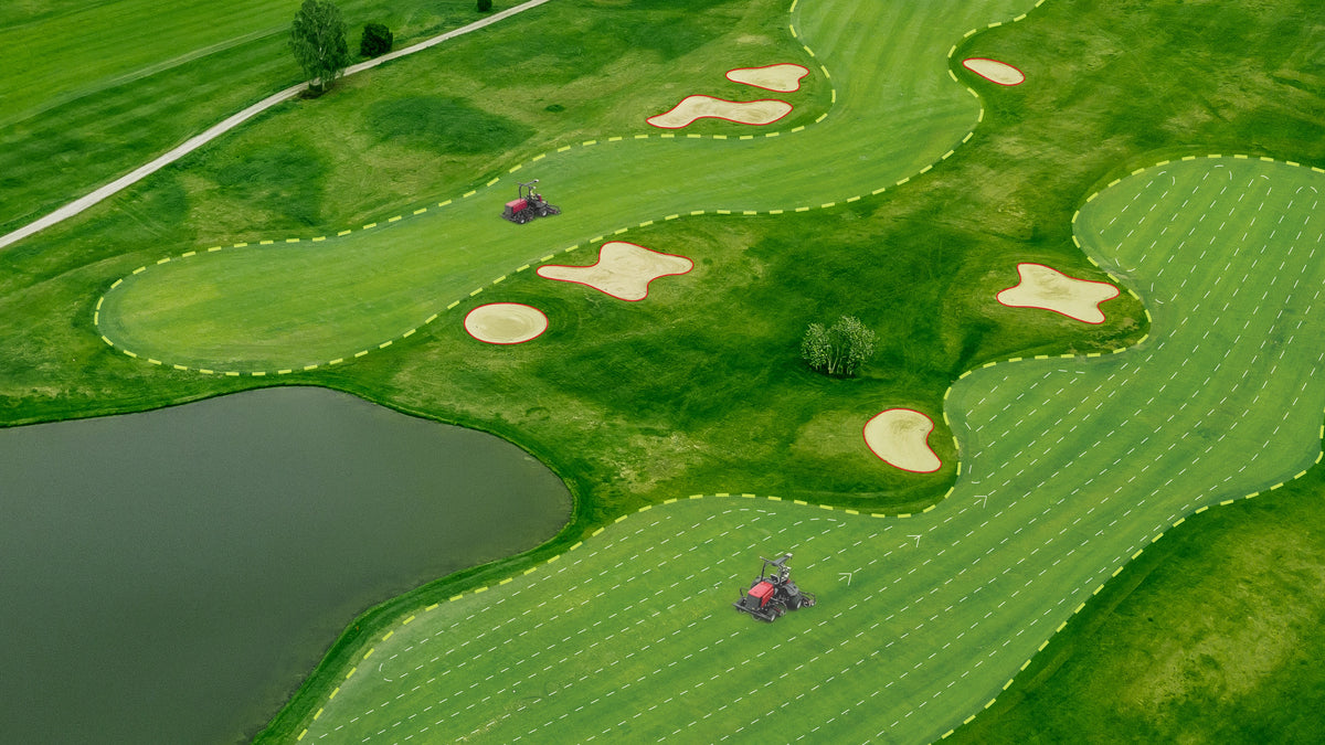 Golf hole with no-go zones around bunkers and water planned for FJD ATX mowing