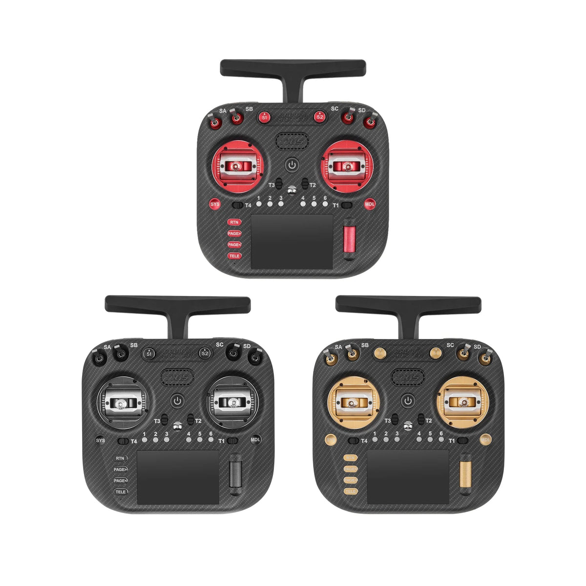 RadioMaster TX15 MAX radio controllers in red, black and gold