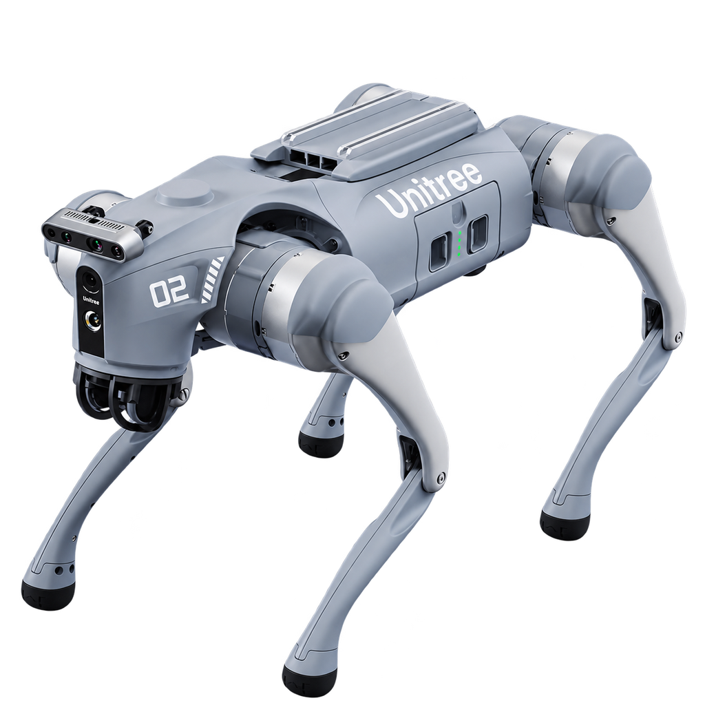 Unitree Go2 EDU AI quadruped robot with Intel RealSense depth camera, front three-quarter view