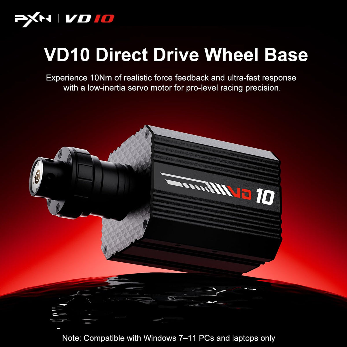 PXN VD10 Direct Drive Wheel Base graphic with 10 Nm force feedback on a red background