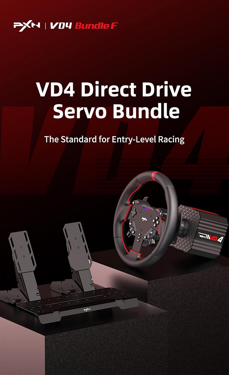 PXN VD4 Direct Drive Servo Bundle graphic with base, wheel and pedals