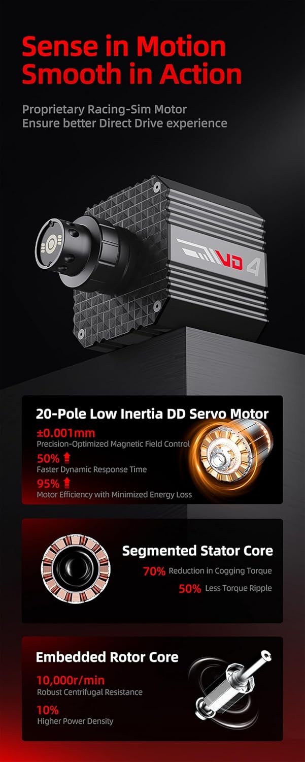 PXN VD4 wheel base with 20-pole low inertia servo motor and temperature control callouts
