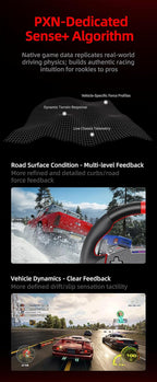 PXN Sense+ algorithm graphic with road surface and vehicle dynamics examples