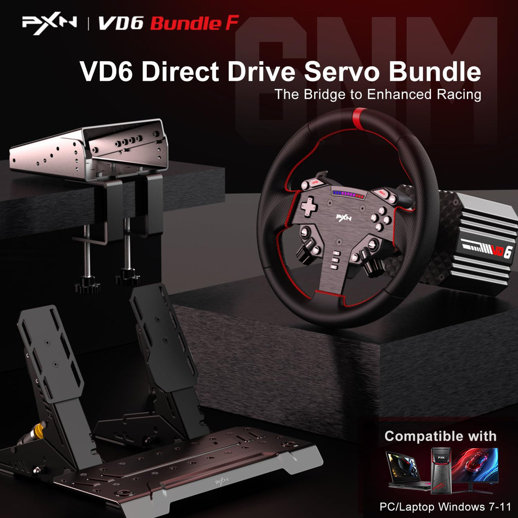 PXN VD6 Direct Drive Servo Bundle graphic with base, wheel and pedals, compatible with PC and laptop Windows 7 to 11