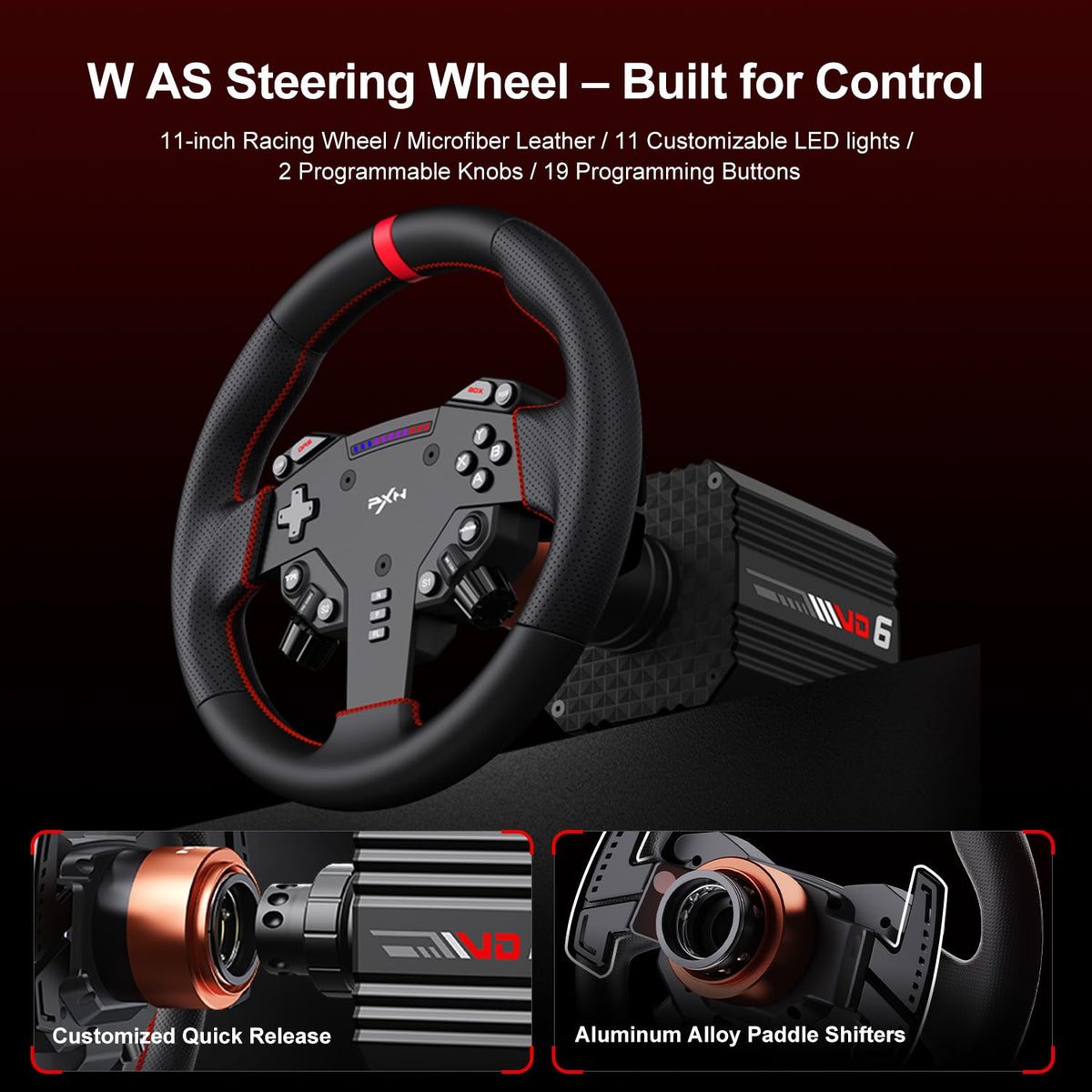PXN W AS steering wheel on a VD6 base with quick release and paddle shifter callouts