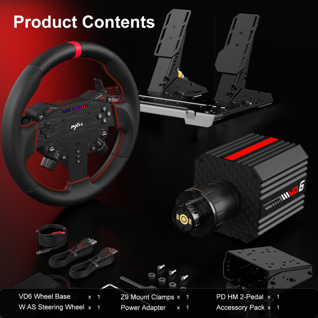 PXN VD6 bundle contents: VD6 wheel base, W AS wheel, PD HM 2-pedal set, mount clamp, power adapter and accessory pack