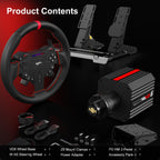 PXN VD6 bundle contents: VD6 wheel base, W AS wheel, PD HM 2-pedal set, mount clamp, power adapter and accessory pack