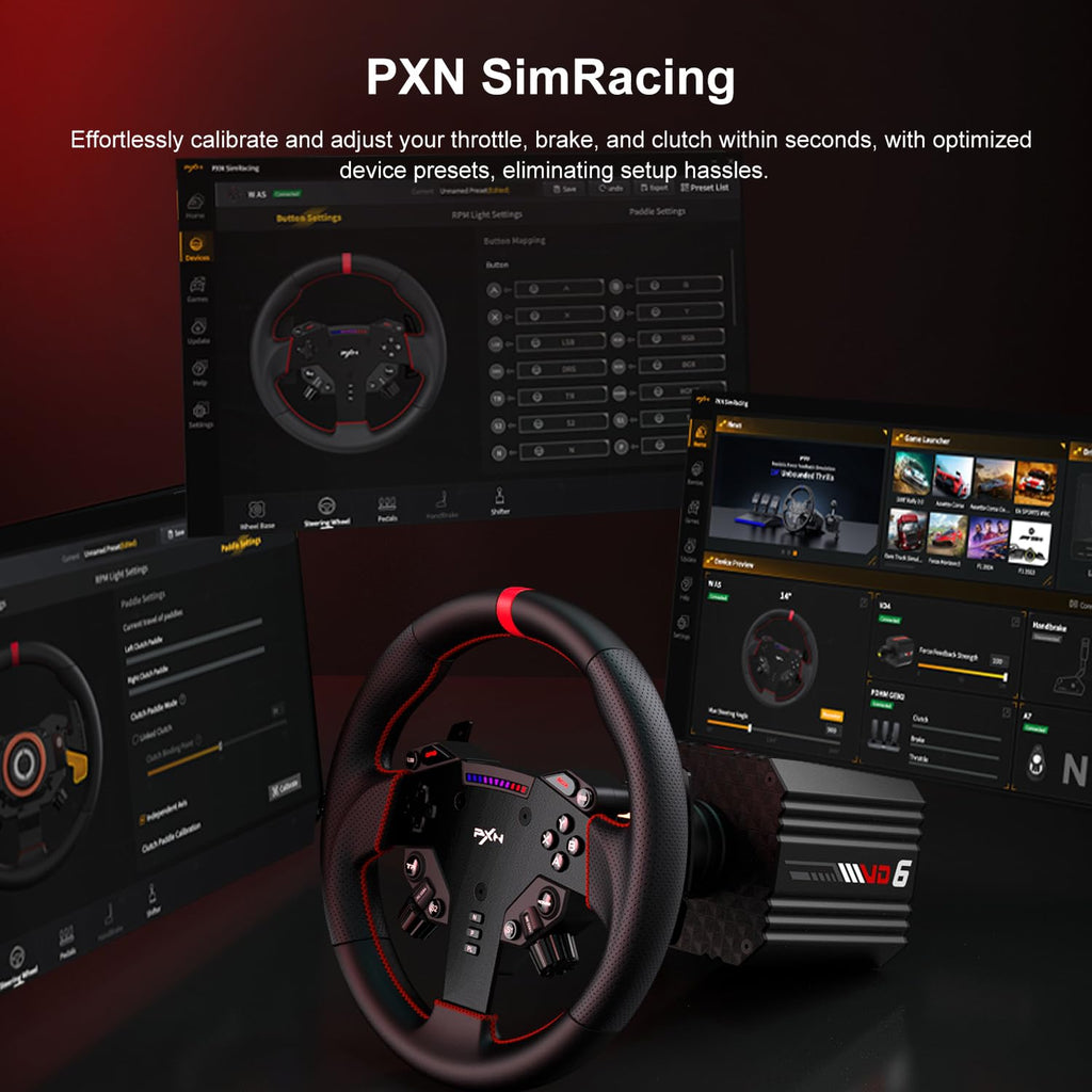 PXN SimRacing PC software on a monitor next to the VD6 wheel and base